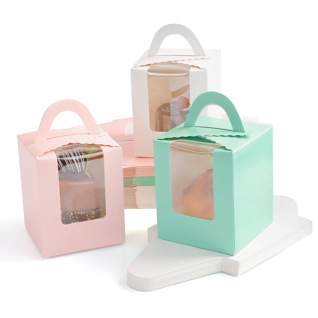 HMIEPRS 40Pcs Individual Cupcake Boxes with Inserts, Paper Single Cake Box with Display Win