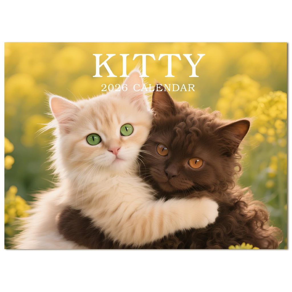 Calendar 2026 UK, 12 Month Cat Wall Calendar 2026, A3 when open, Month-to-View with Sticker