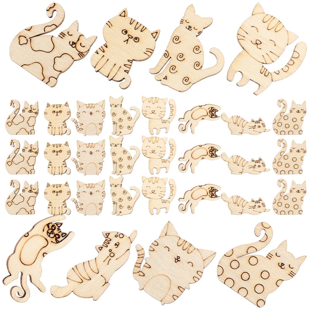 Sewroro Blank Wood Cat Slices Unfinished Cat Shape Wood Slices 100pcs DIY en Pet Kitten Cra
