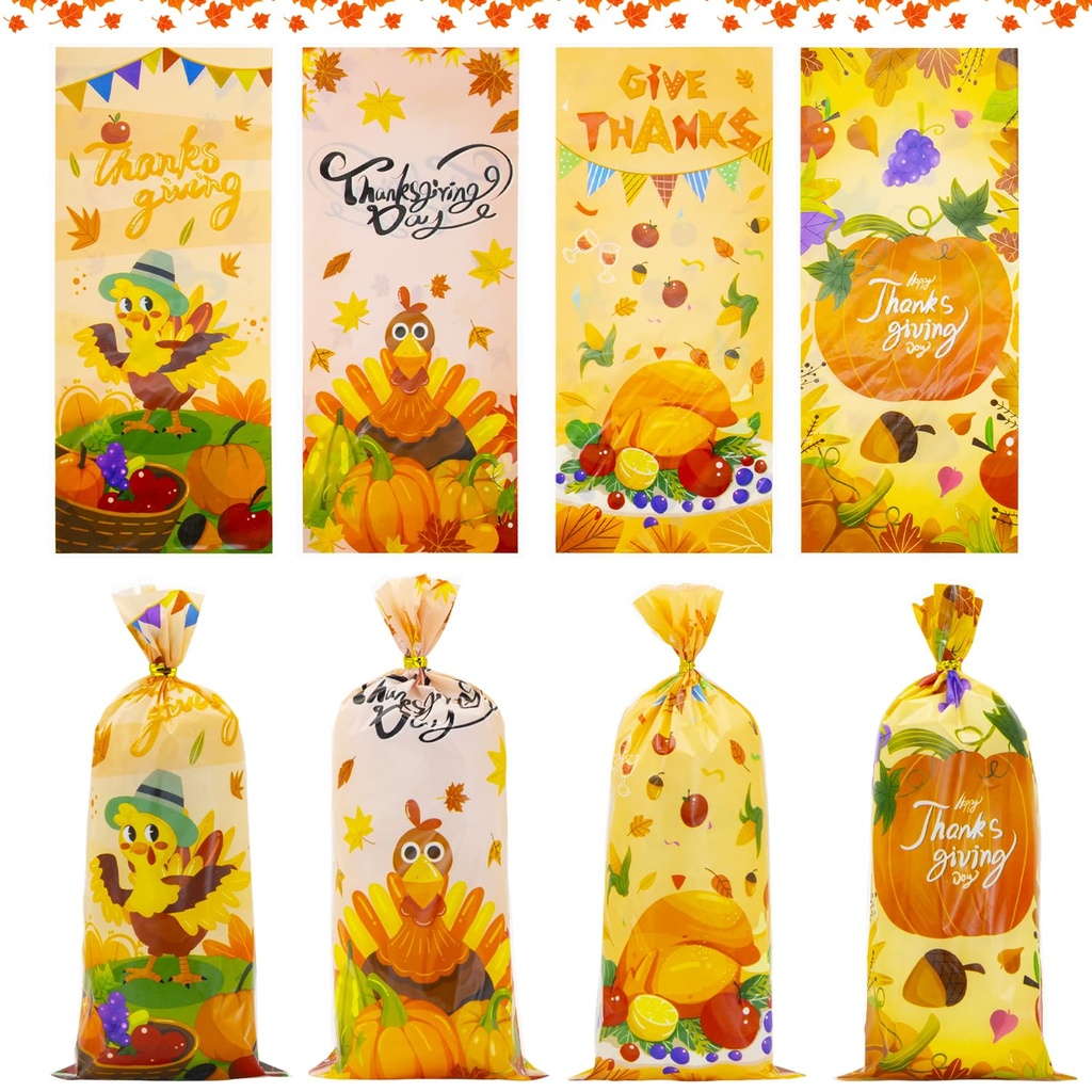 Thanksgiving Treat Bags 50 Pcs Fall Cellophane Maple Leaves Pumpkin Candy With Twist Ties P