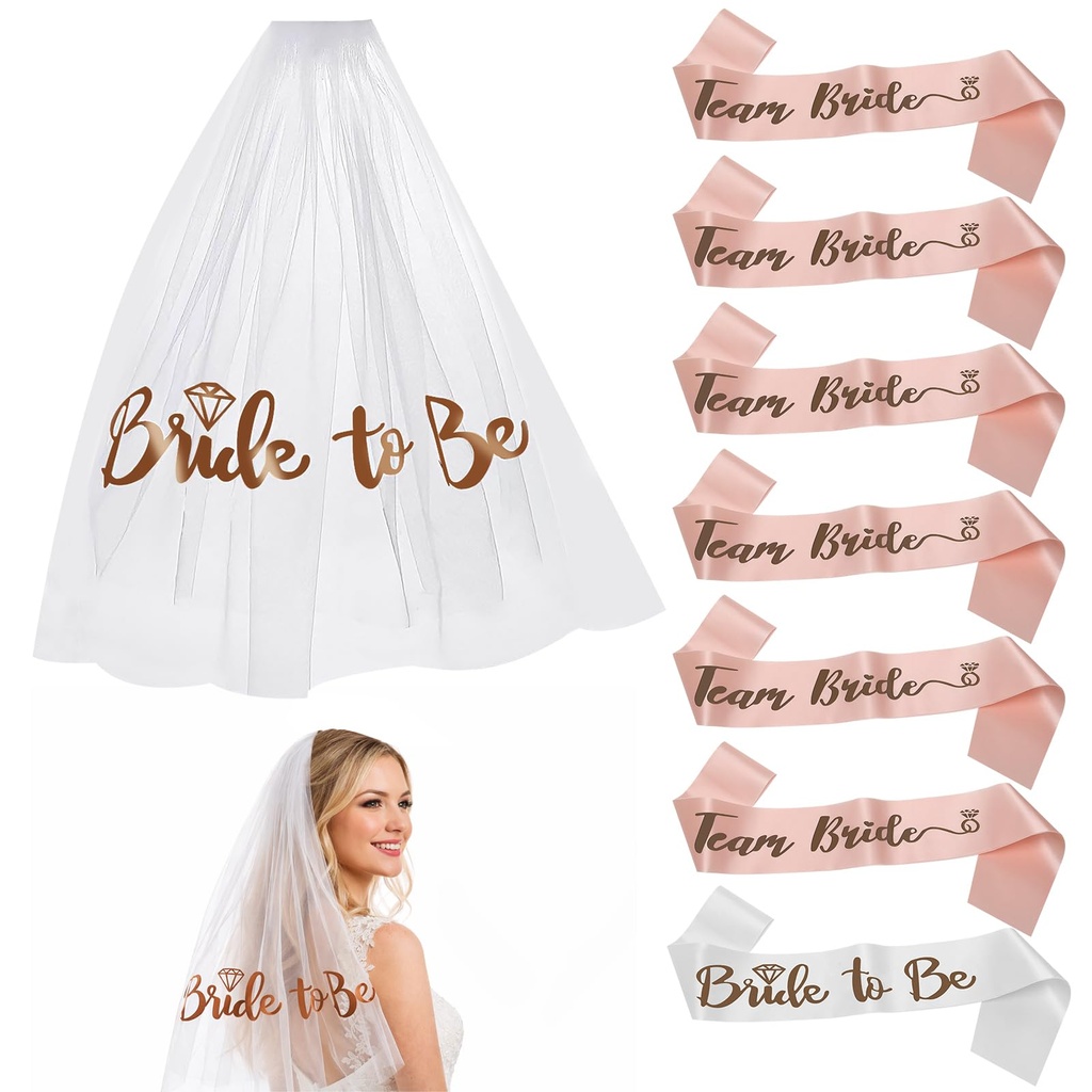 Hen Party Accessories Kit, Team Bride to be Sash with Veil, White Rose Gold Hen do Dressing