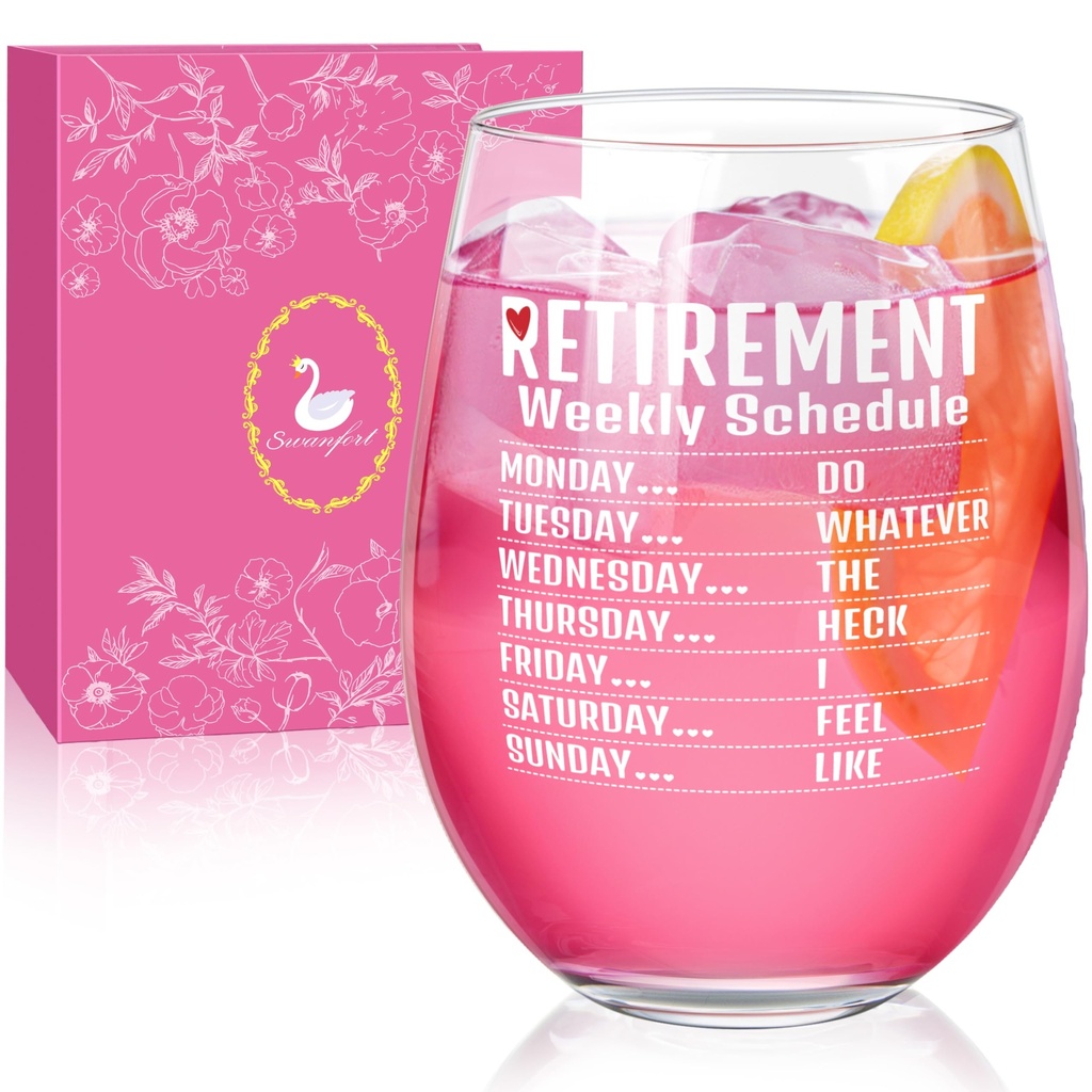 Swanfort Retirement Gift Wine Glass for Women Men - Humorous Gifts for Retired Mom, Aunt, F