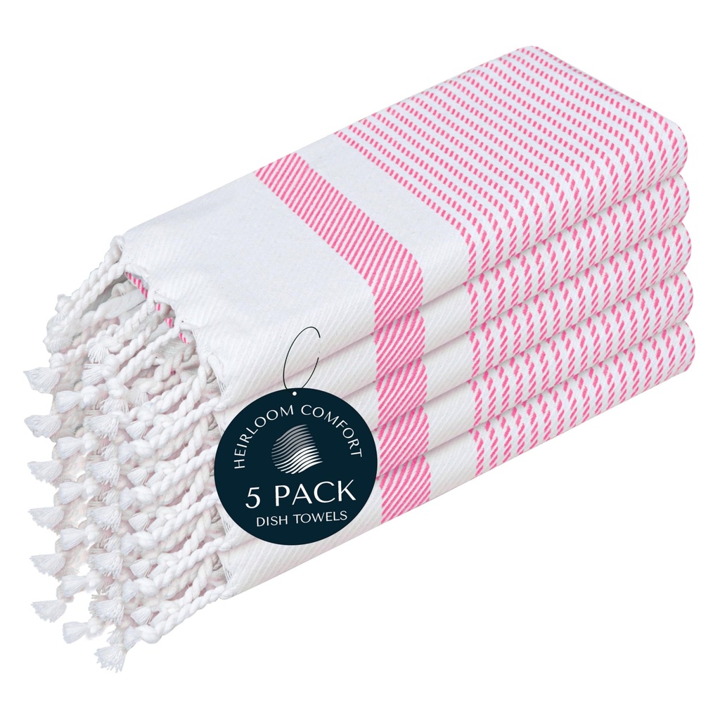 HEIRLOOM COMFORT Pink Turkish Kitchen Towels 40x66 cm, 5 Pack, 100% Cotton, Ultra Absorbent