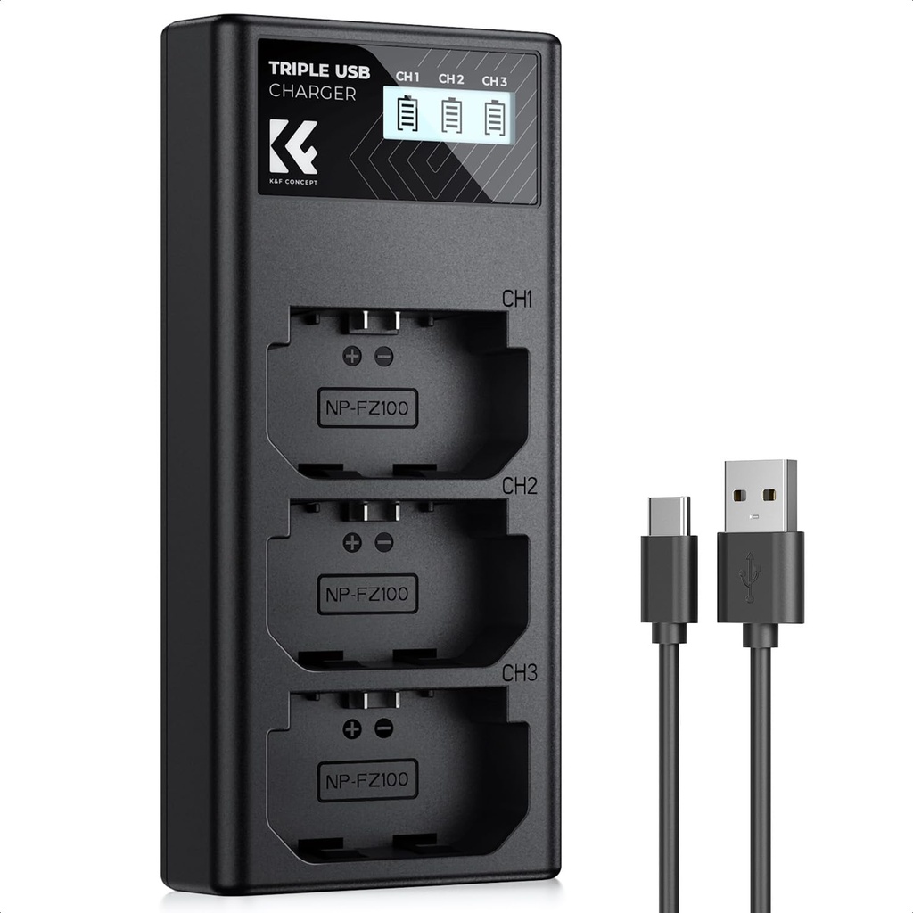 K&F CONCEPT NP-FZ100 Battery Charger, 3-Slot A7iii Camera Battery Charger with LCD Display C
