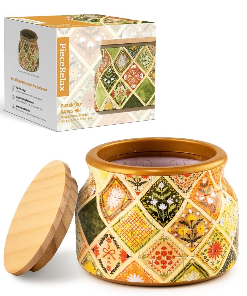 PieceRelax 3D Puzzle Jar 64 Plastic Pieces for Adults - Daisy Breeze - Wooden Lid Container
