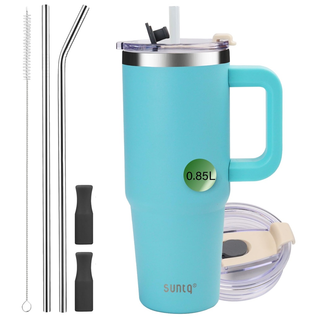 SUNTQ 30oz Tumbler with Handle, Double Wall Vacuum Insulated Water Bottle with Straw and Li