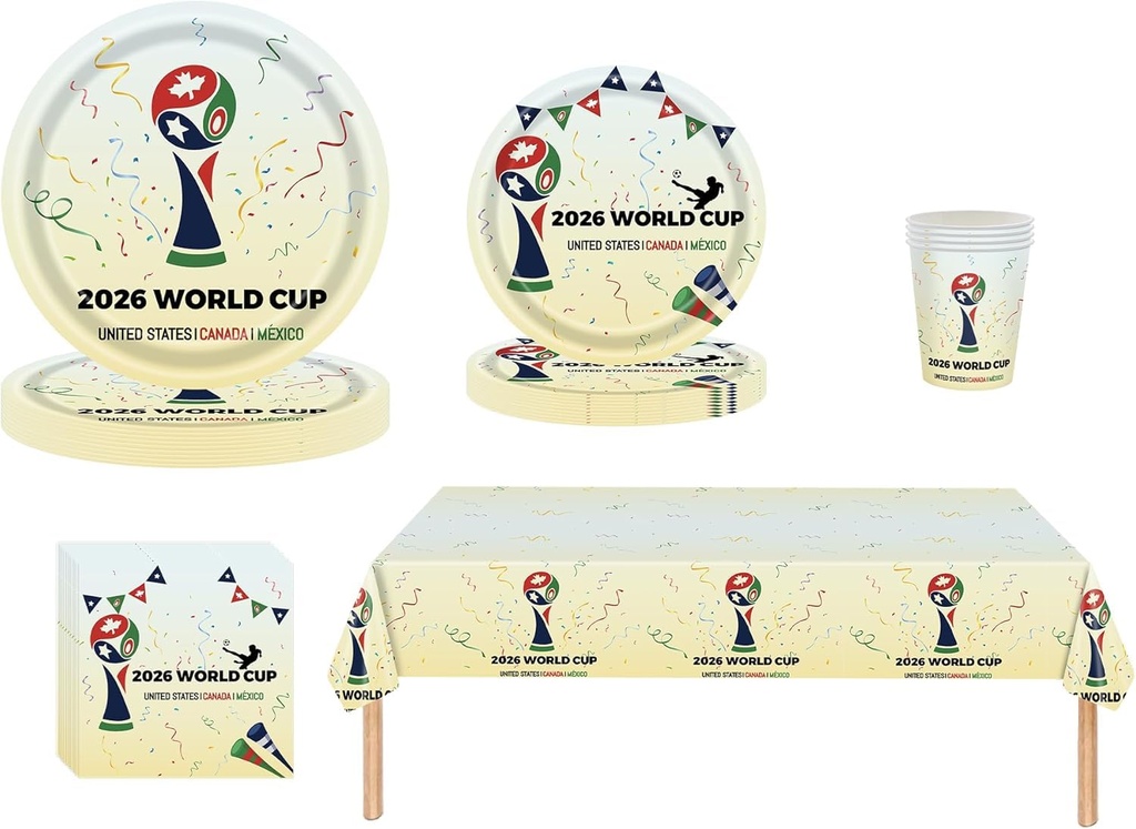2026 World Cup Party Tableware Set: 1 Pack 137*274cm Big Tablecloth, 16 Pcs 7 inches Plate