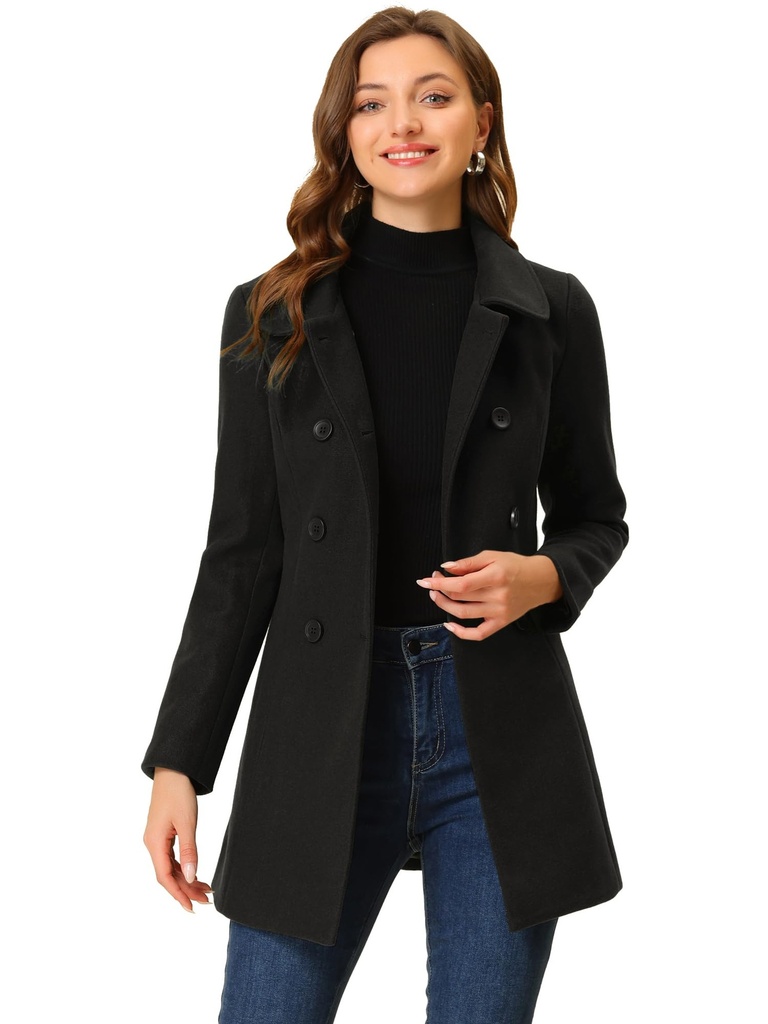 Allegra K Women's Peter Pan Collar Double Breasted Winter Long Trench Pea Coat Black XXL