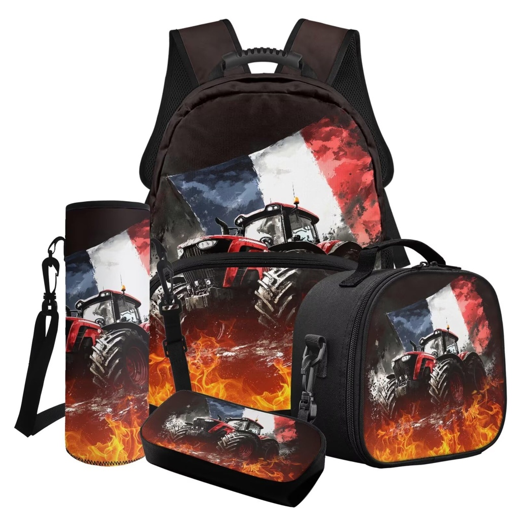 LACIYISON French Flag Fire Tractor Print School Backpacks with Shoulder Bag for Lunch Water