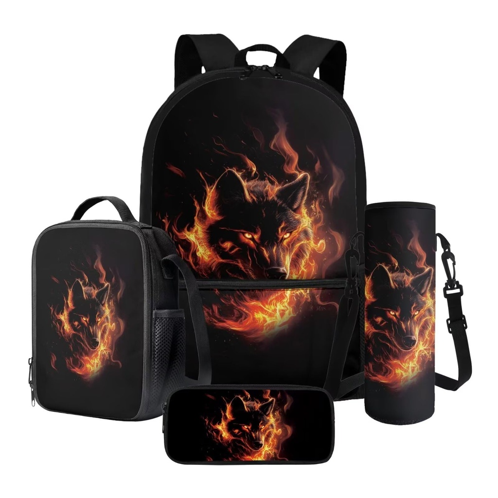 LACIYISON Fire Wolf Print 4 Pcs Backpack with Side Pocket Waterproof Rucksack Primary Schoo