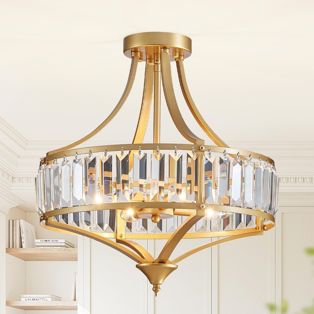 Majhoiw Rustic Ceiling Lighting Fixtures, 4-Light Crystal Chandelier D40cm Modern Gold Roun