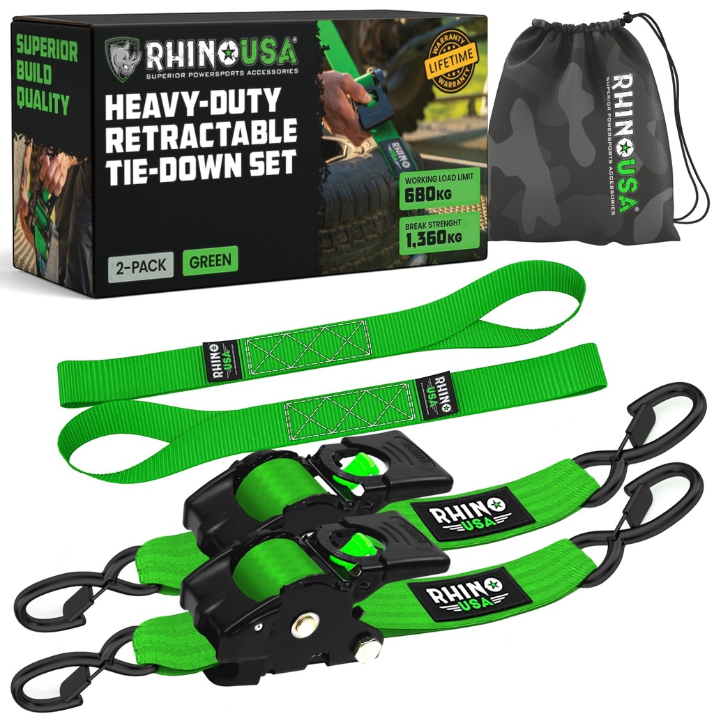 Rhino USA Retractable Ratchet Straps (2-Pack) - 5cm x 3m (1,360kg Break Strength) - Heavy D