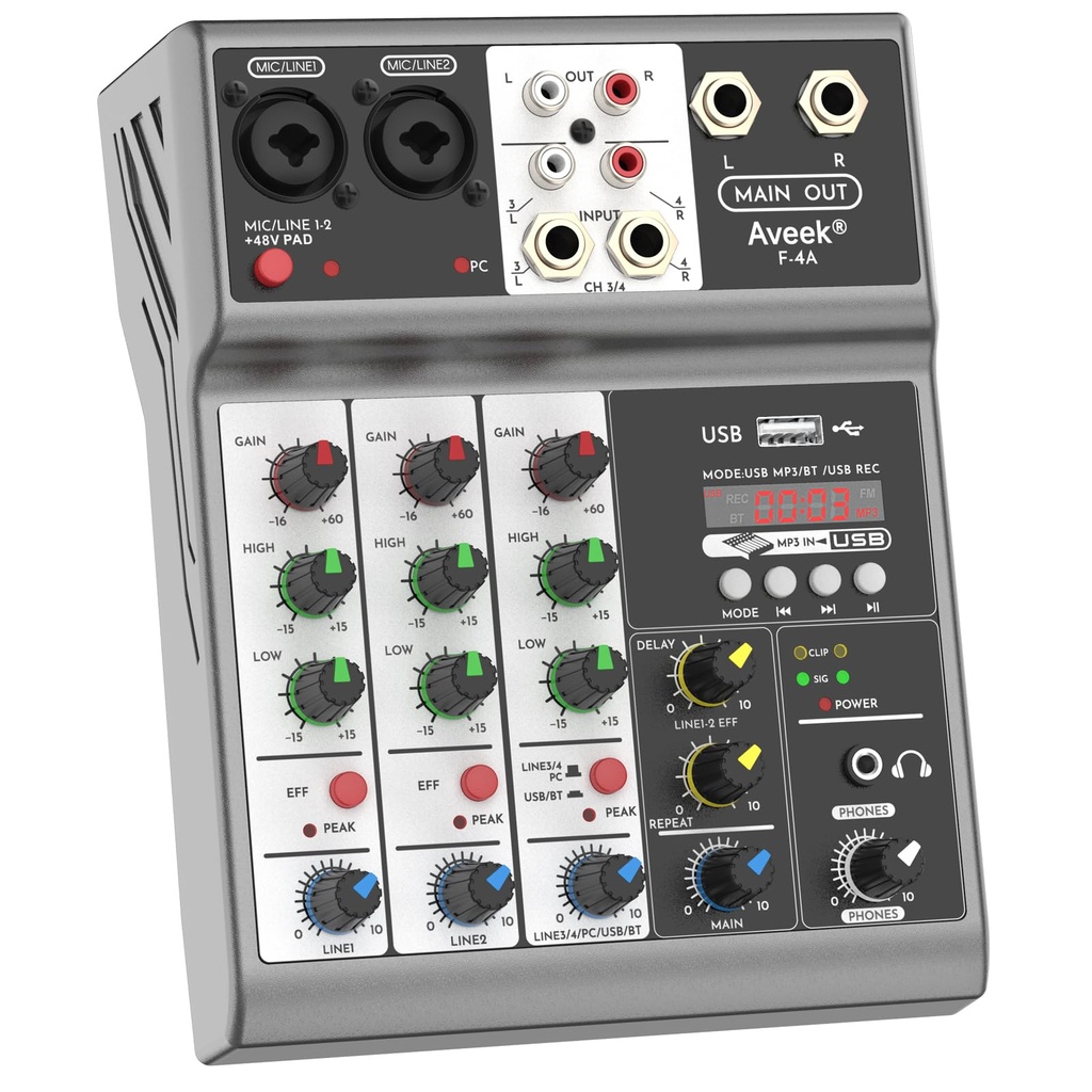 Aveek 4-Channel Audio Mixer, Mixing Sound Board with USB Bluetooth Reverb Delay Effect, 48