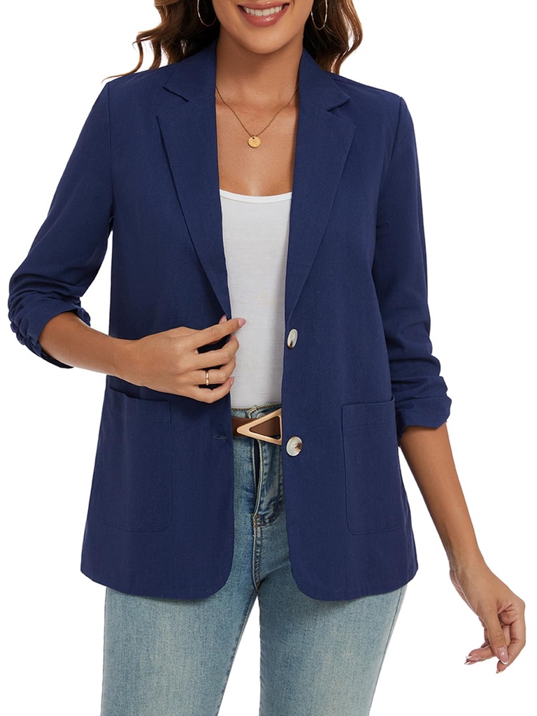 MINTLIMIT Blazers for Women UK Cotton Linen Jackets 3/4 Ruched Sleeve Blazers Summer (Navy