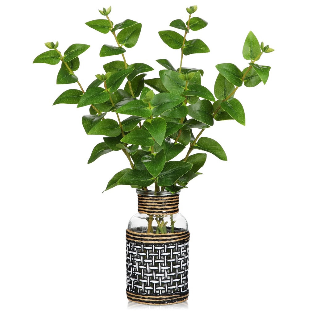 Hollyone 34CM Artificial Leaves in Glass Vase with Removable Woven Sleeve, Fake Plants in Fa