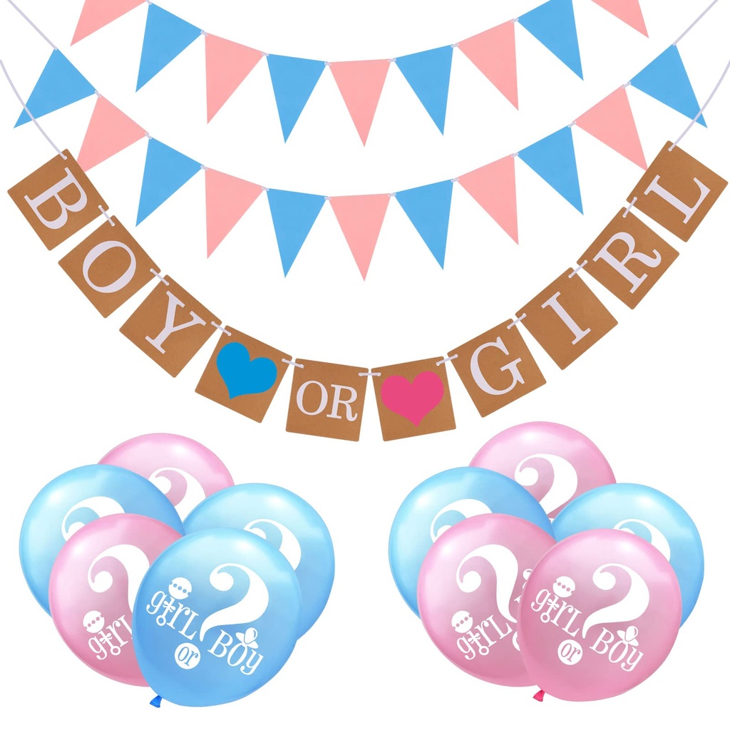 FRIUSATE Boy or Girl Banner, Gender Reveal Balloons Blue and Pink Bunting Banner Gender Rev