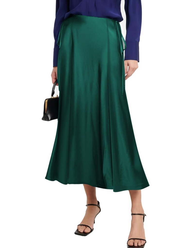 MAYFASEY Women's Satin Midi Skirts High Waist Zipper Flared Elegant Long Skirt Casual A Lin