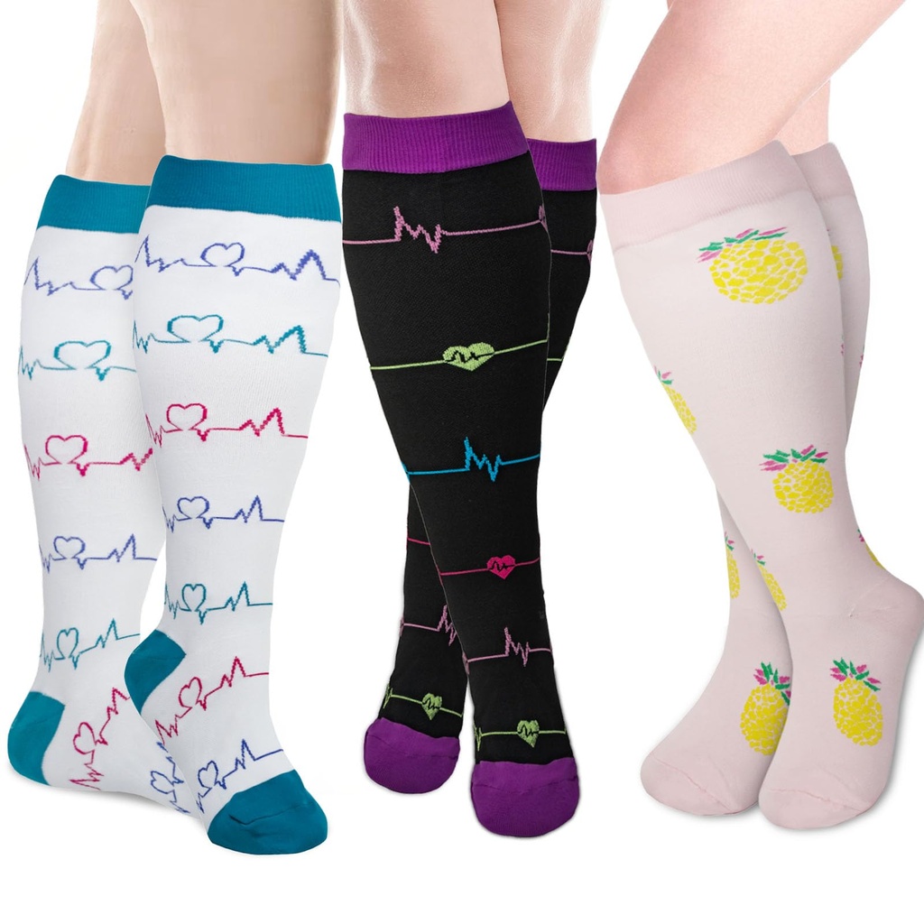 LEOSTEP 2XL-7XL Plus Size Compression Sock For Men and Women Wide Calf (3Pair) Non-Slip Lon