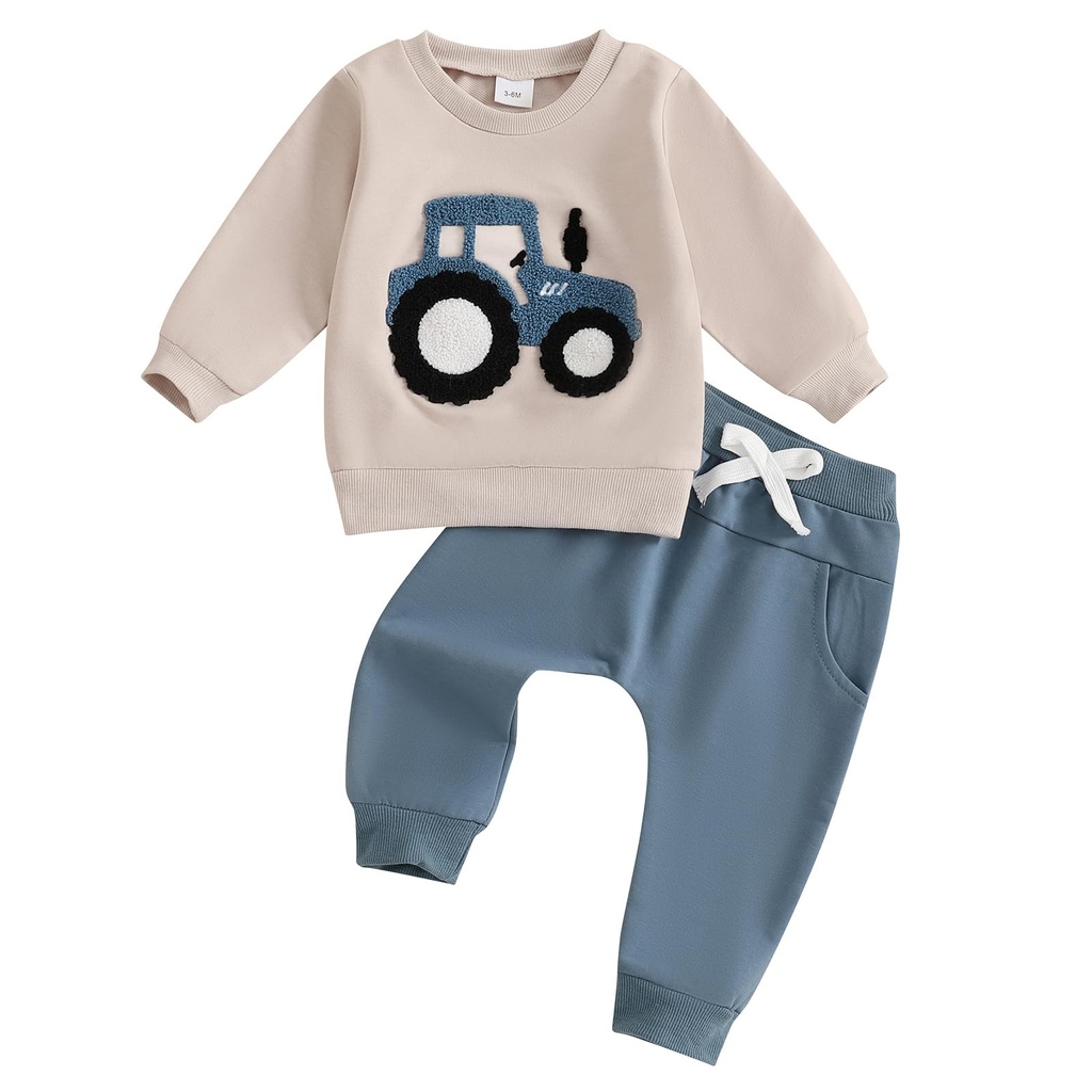 Baby Boy Fall Clothes Toddler Outfits Tractor Embroidery Sweatshirt Jumpers Tops Jogger Pan