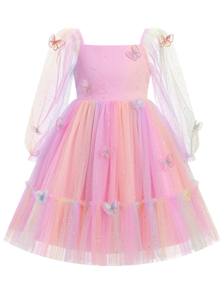 OMEWEE Girls Princess Dress Mesh Puff Long Sleeve Sequin Tulle Butterfly Birthday Pageant F