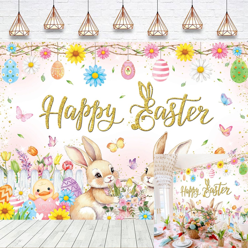 Easter party Backdrop for Photography Colorful Flowers Rabbit Eggs Spring Garden Photo Back