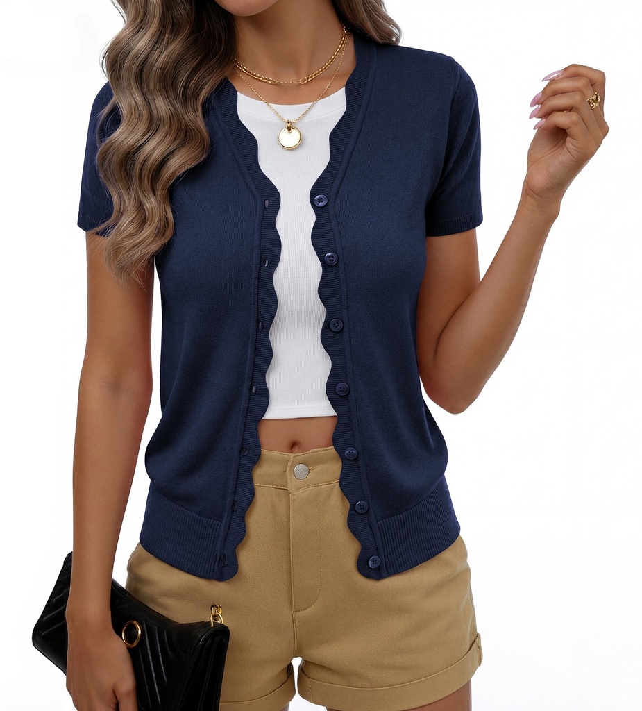 Yommay Cardigans for Women Short Sleeve Casual V Neck Elegant Wave Knitted Lightweight Soft