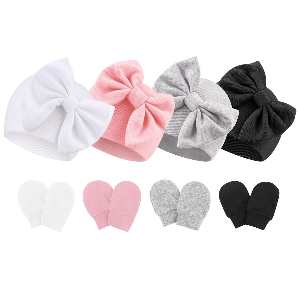 DRESHOW Newborn Baby Hats Mittens Set Hospital Hat Beanie Infant Bow Hats Baby Cotton Glove