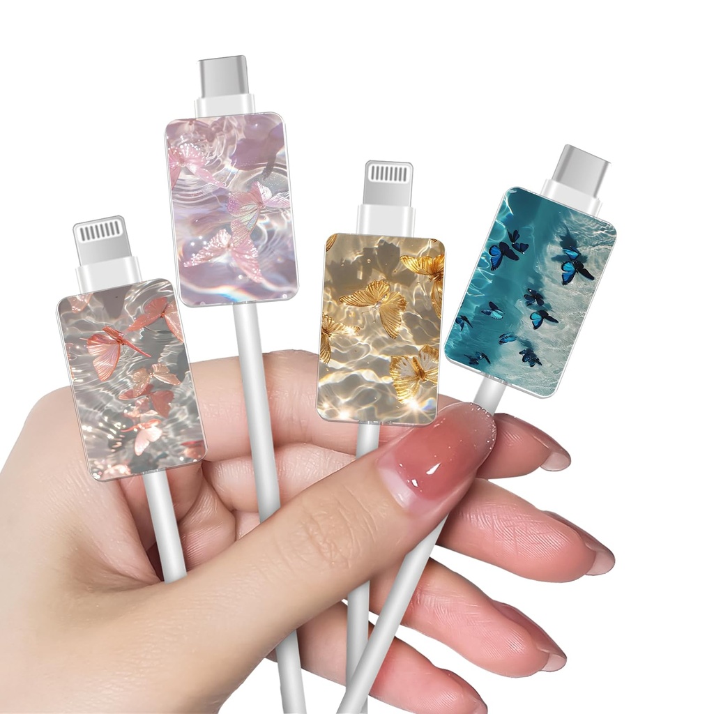 Flowers Cable Charger Protector for iPhone Type-c, Daisy/Pink Rose/Rosebud Pattern 4 PCS Se