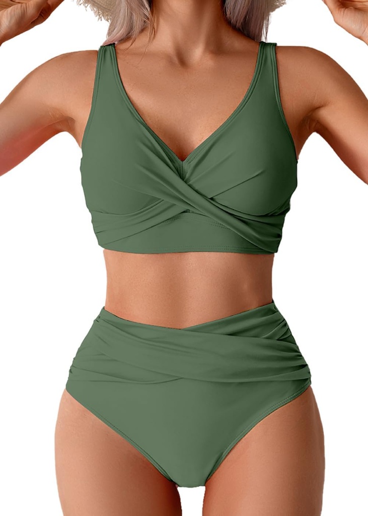 Womens Bikini Sets High Waist Tummy Control Swimwear V Neck Push Up Two Piece Swimsuit Bath