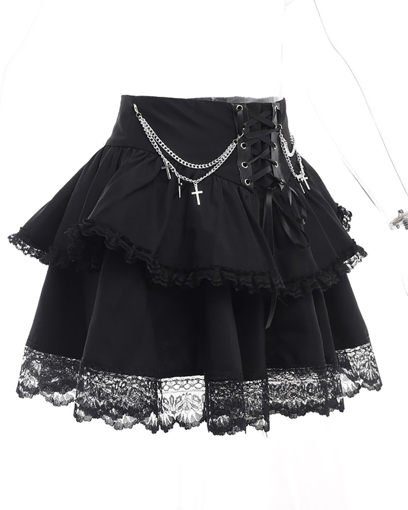 YINGWIN Goth Black Pleated Mini Skirt with Chain High Waisted Tennis Skirt Women's Lace Tri