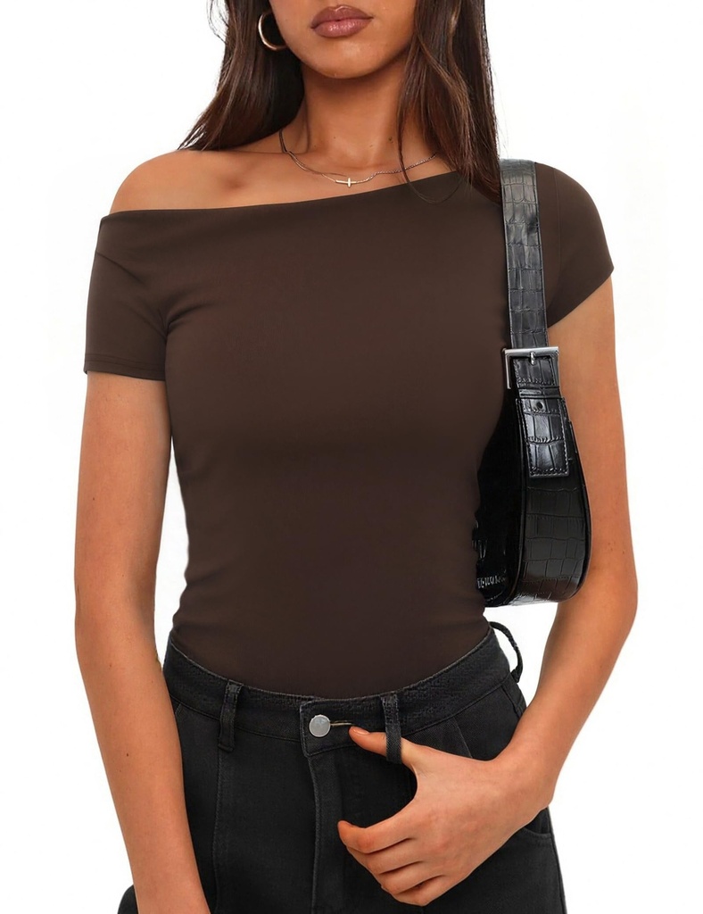 Totatuit Womens Summer Slim Fit Off Shoulder T Shirts Short Sleeve Y2K Plain Casual Fitted