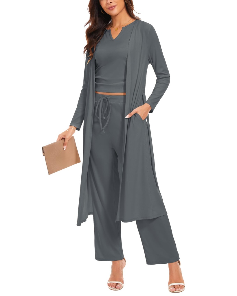 Atxnn Womens 3 Pieces Loungewear Pyjamas Sets Long Cardigan Vest Top High Waist Pants Pjs S