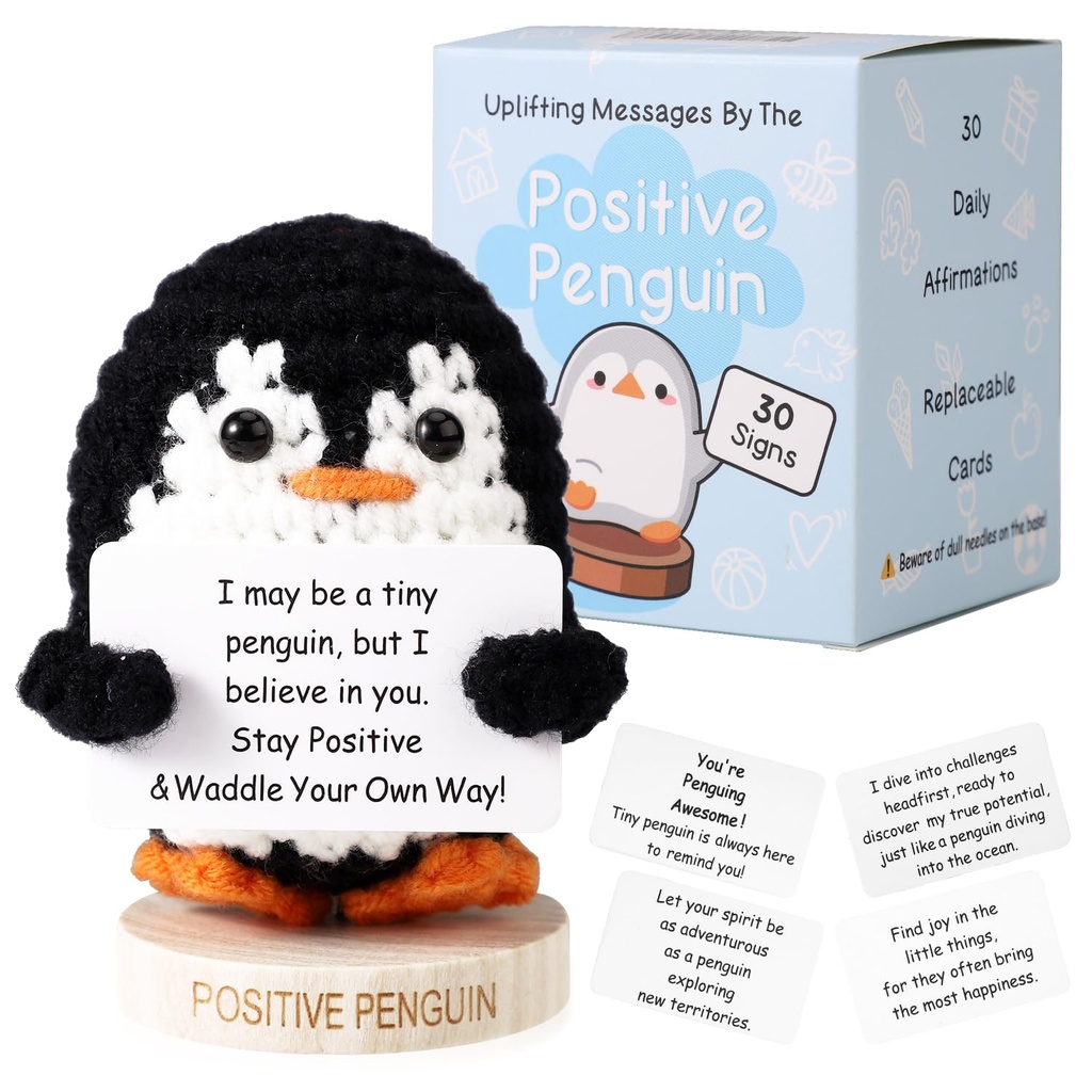 TOYMIS Positive Penguin, Soft Magnetic Crochet Penguin with Wooden Base and 30pcs Cards Kni