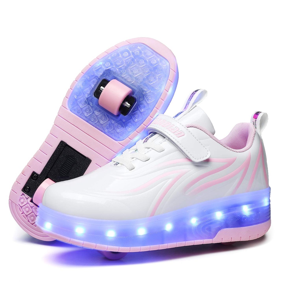 Unisex Kids LED USB Rechargeable Colorful Lights Trainer Roller Skates Shoes with Double Wheels (Size 36)