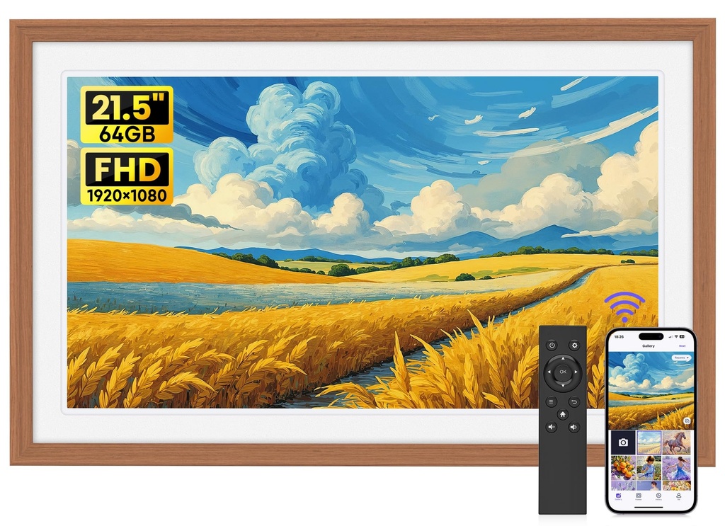 Uhale 21.5 Inch WiFi Digital Photo Frame with 64GB Memory, 1920x1080 FHD Display, Wooden Di
