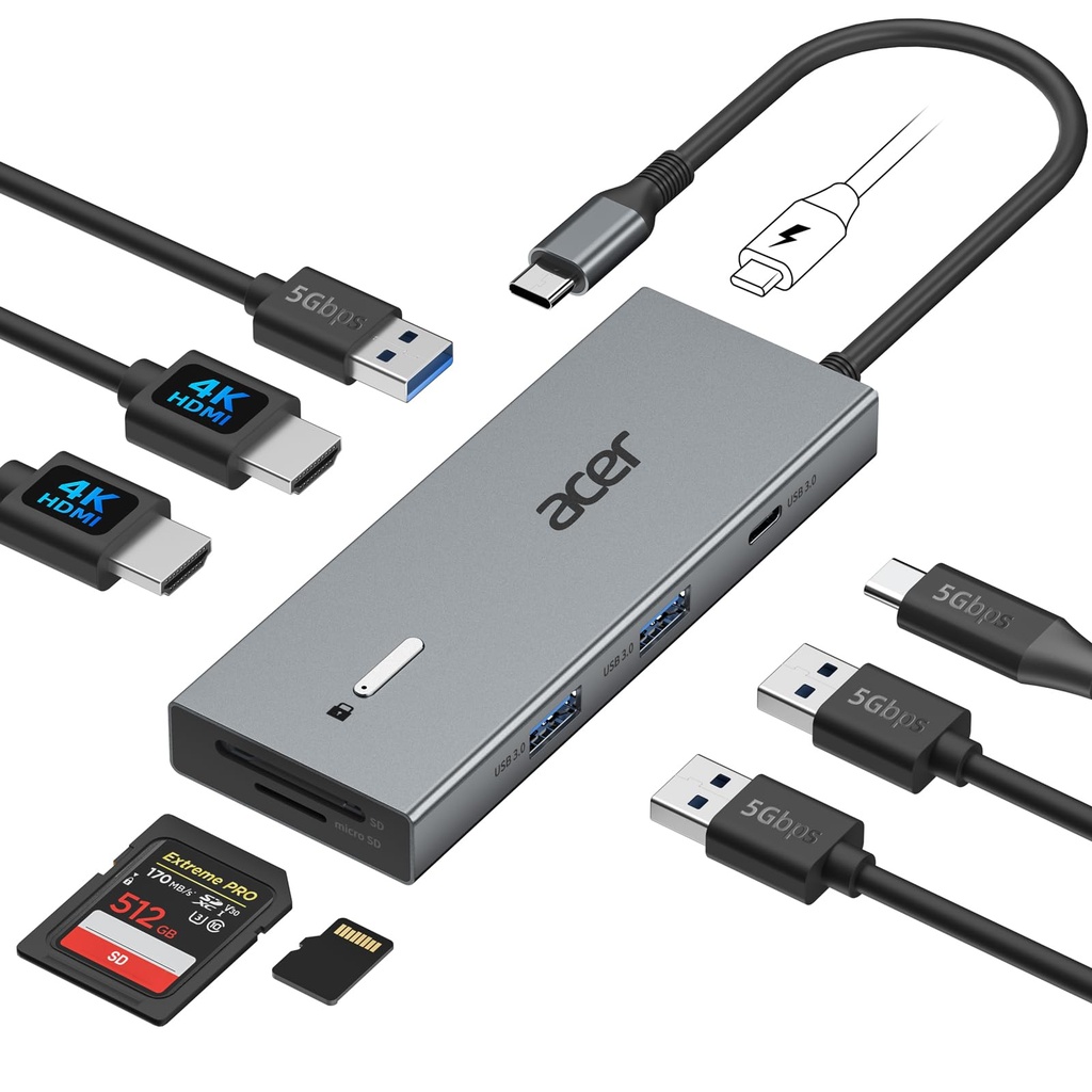 acer USB C Docking Station Dual HDMI, 9IN1 USB C Hub to HDMI 4K@60Hz, 3*USB-A, 1*Type-C 5Gbp