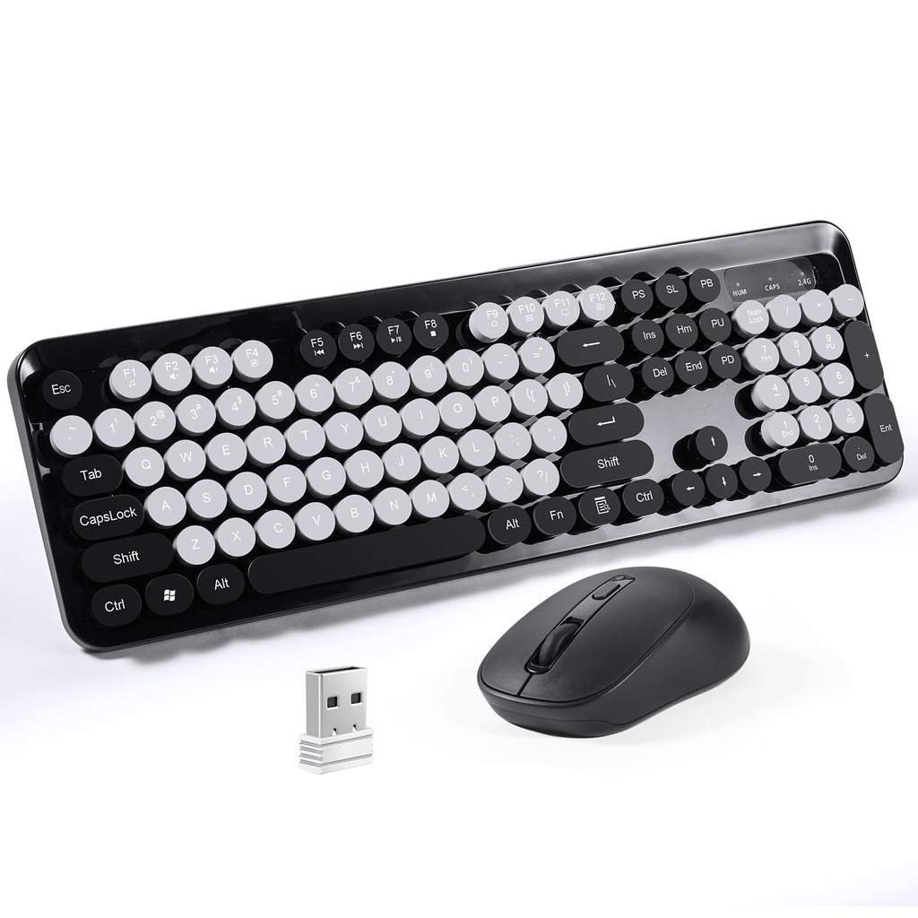 SOPPY Wireless Keyboard and Mouse Combo, 2.4GHz Retro Typewriter Keyboard, Round Keycaps, Fu