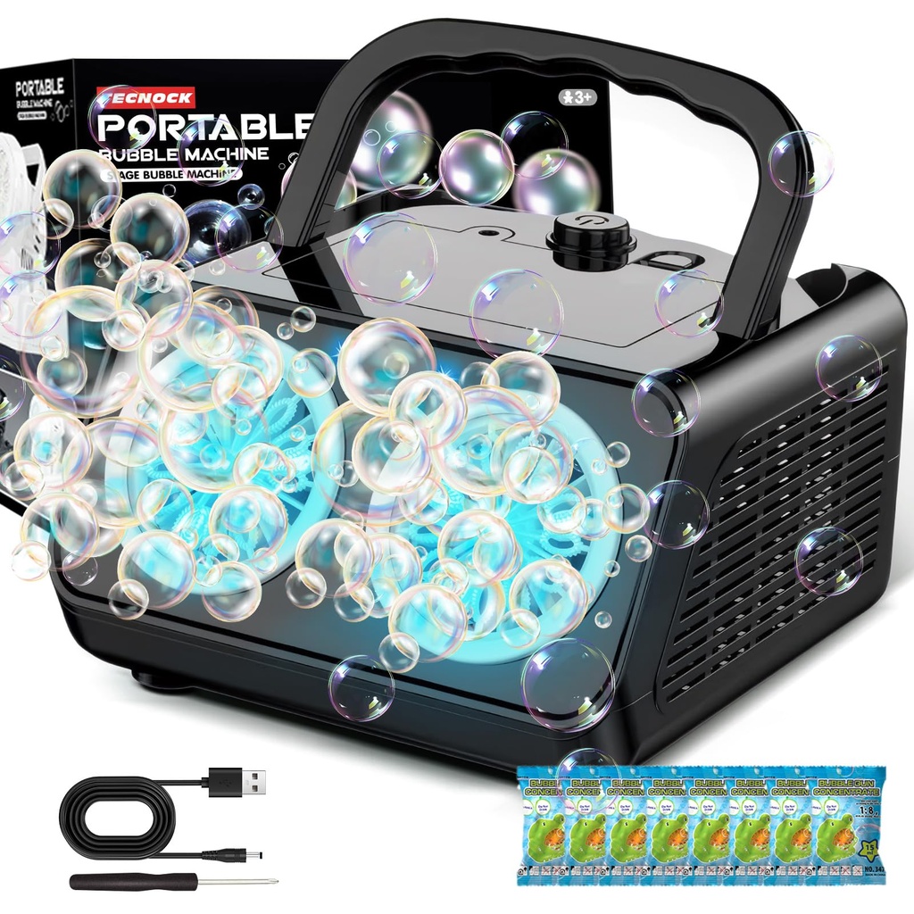 Tecnock 2026 Upgrade Bubble Machine for Kids, Automatic Bubble Blower, Plug in or Battery Op