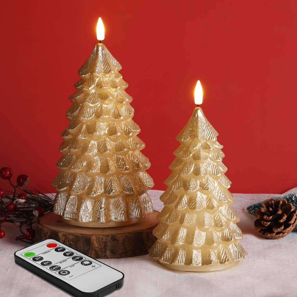 Eywamage Pink Christmas Tree Flameless Candles with Remote Set of 2, Battery Operated LED P