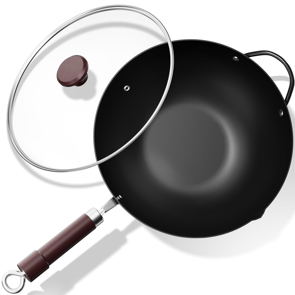 Jobin 32cm Wok Non Stick with Lid, Carbon Steel Induction Wok Pan with Pouring Spout & Stee