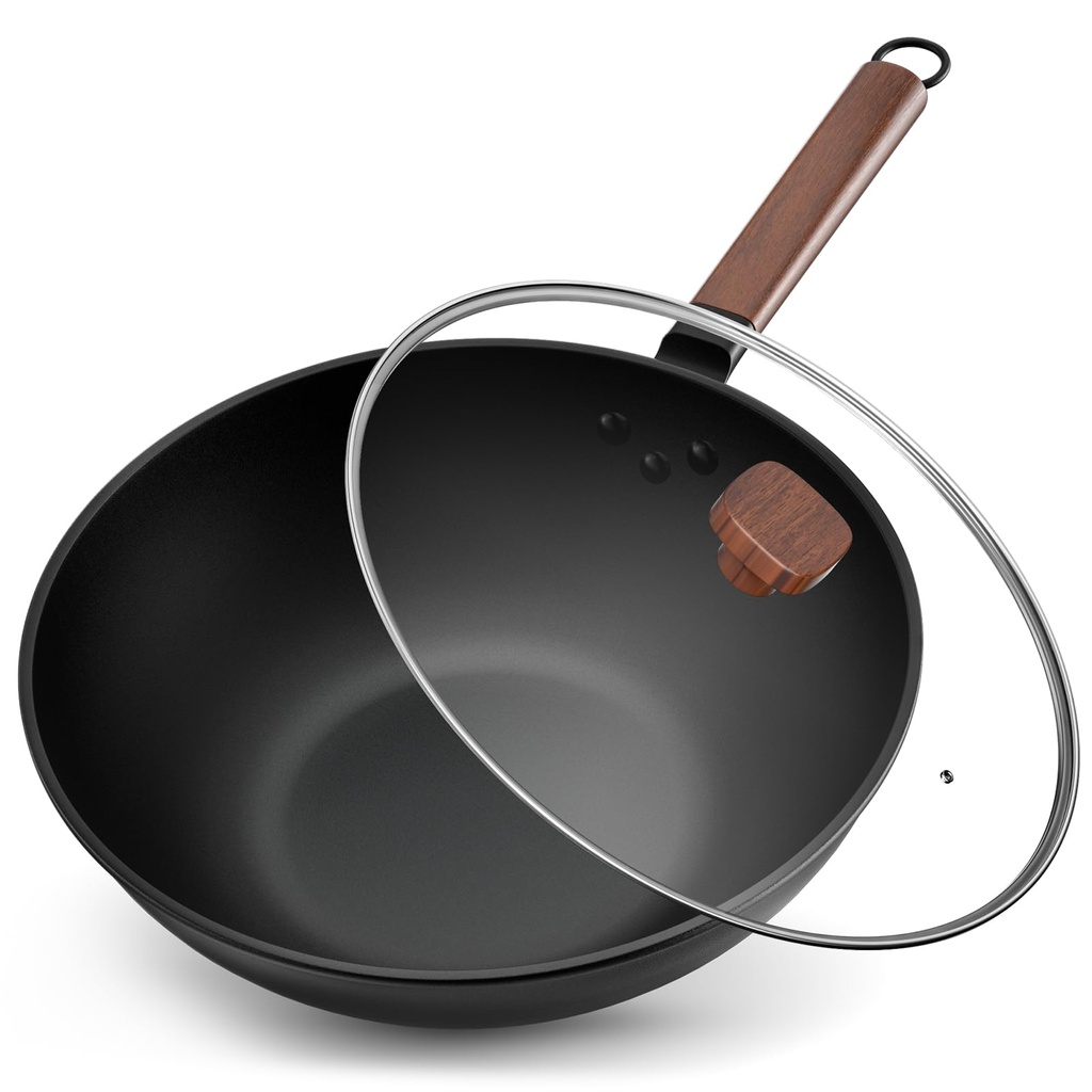 Jobin 13Inch/33cm Wok Non Stick with Lid Carbon Steel Wok Pan Large Capacity for Cook Asian