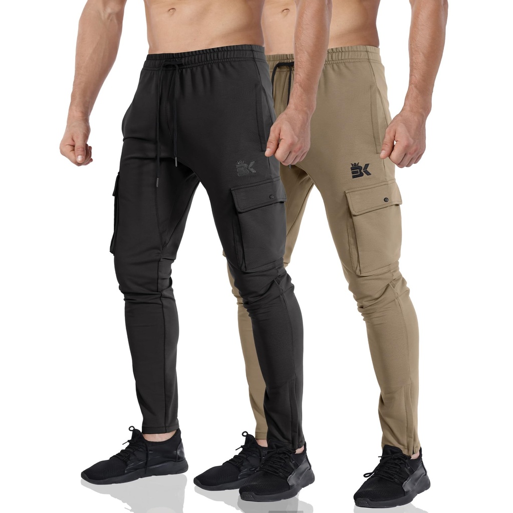 BROKIG 2-Pack Mens Cargo Gym Joggers,Ankle Zip Tapered Running Slim Fit Skinny Sports Trousers (Size S)