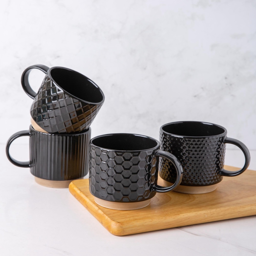 GBhome Set of 4 Stackable Ceramic Coffee Mugs 350ml - Textured Modern Cups for Tea/Latte/C