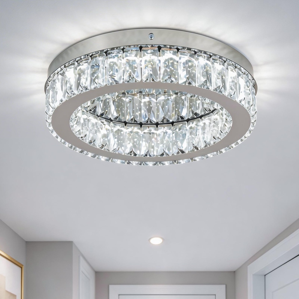 Finktonglan 30cm Round Crystal LED Flush Ceiling Light, 6000K Cool White, K9 Crystal 