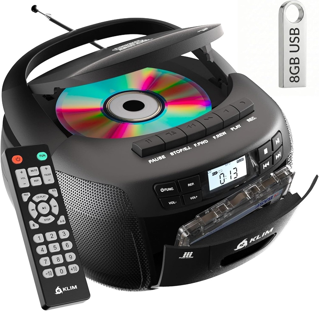 KLIM CD Cassette Player with USB, Bluetooth Boombox, AM/FM Radio, Stereo Sound, Remote, CD