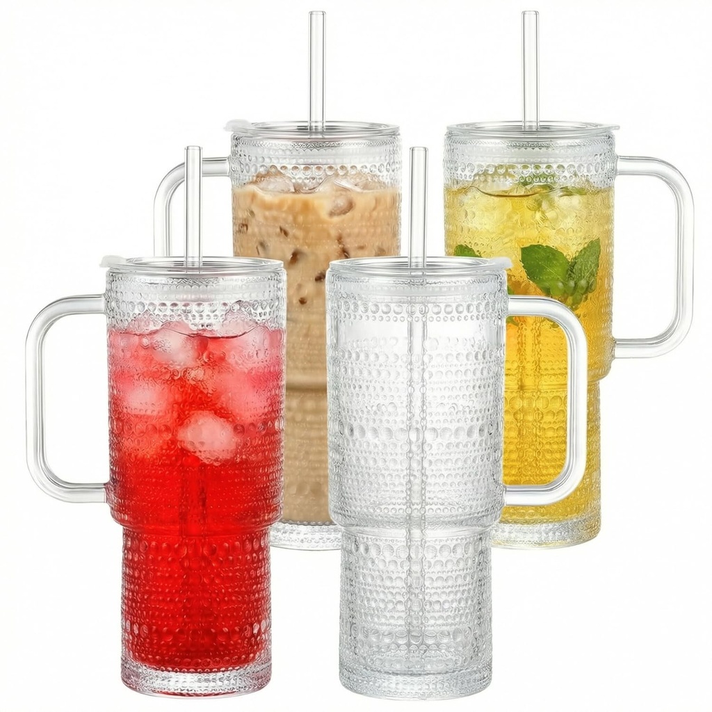 Hestremo 20 oz Glass Tumbler with Lid and Straw, Glass Iced Coffee Cups, Spill-Proof Glasses