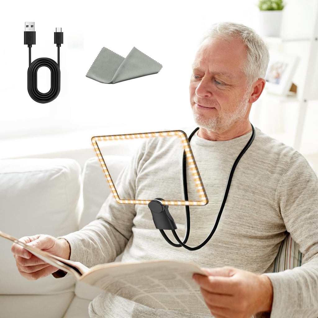 RAYNEAY Hands Free Magnifying Glass for Reading, 5X Reading Magnifier with 3 Color LED Light