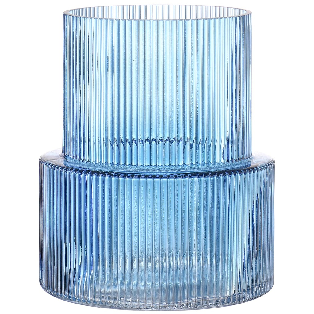 KAYLETIN Blue Glass Vase, Ribbed Vases for Flowers, Flower Vase for Tulips, Modern Vases fo