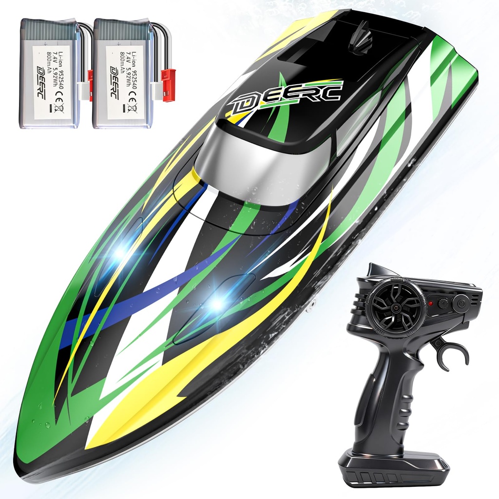 DEERC High Speed RC Boat with LED Lights, 30KM/H Fast Remote Control Racing Boat, Self-Righ