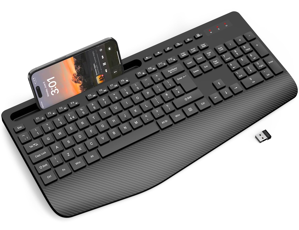 SABLUTE Wireless Keyboard with Wrist Rest, Full-size Ergonomic Keyboards with Phone Holder,